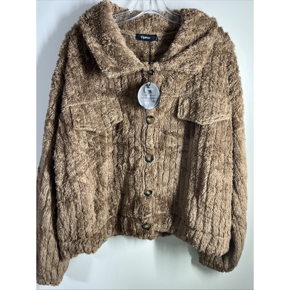 Vipwest Womens Fuzzy Fleece Sherpa Jacket Button Long Sleeve Lapel Coat Size 3xl